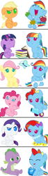 Size: 1000x3640 | Tagged: safe, artist:red4567, derpibooru import, applejack, fluttershy, pinkie pie, rainbow dash, rarity, spike, twilight sparkle, butterfly, dragon, earth pony, pegasus, pony, unicorn, newbie dash, alternate hairstyle, apple, babity, baby, baby dash, baby dragon, baby pie, baby pony, baby spike, babyjack, babylight sparkle, babyshy, behaving like pinkie pie, book, care mare, comic, cute, dashabetes, diapinkes, dynamic dash, egghead dash, foal, food, forthright filly, gem, impersonating, impressions, mane seven, mane six, manebow sparkle, party cannon, rainbow dash always dresses in style, rainbow fash, raribetes, reading rainboom, red4567 is trying to murder us, shyabetes, spikabetes, style, twiabetes, weapons-grade cute
