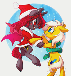 Size: 927x1000 | Tagged: safe, artist:lightning-stars, oc, oc only, oc:growly, oc:lightning star, bat pony, christmas, clothes, hat, holiday, santa hat