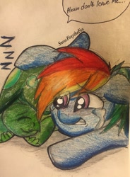 Size: 768x1041 | Tagged: safe, artist:snowfoxythefox, derpibooru import, rainbow dash, tank, pegasus, pony, season 5, tanks for the memories, colored, colored pencil drawing, crying, floppy ears, sad, traditional art