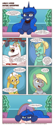 Size: 1683x3878 | Tagged: safe, artist:saturdaymorningproj, bulk biceps, derpy hooves, grand pear, princess luna, zephyr breeze, alicorn, earth pony, pegasus, pony, comic, speech bubble, speed dating