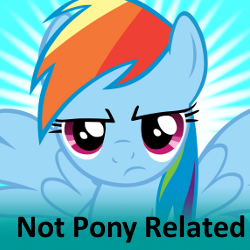 Size: 250x250 | Tagged: safe, rainbow dash, pegasus, pony, irony, not pony related, solo, spoilered image joke, unamused