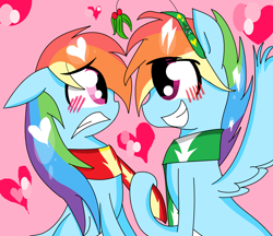 Size: 3576x3096 | Tagged: safe, artist:nederside, rainbow blitz, rainbow dash, pegasus, pony, blushing, clothes, dashblitz, female, holly, holly mistaken for mistletoe, male, rule 63, scarf, self ponidox, selfcest, shipping, straight