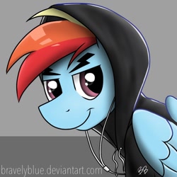 Size: 800x800 | Tagged: safe, artist:bravelyart, rainbow blitz, rainbow dash, pegasus, pony, clothes, earbuds, hoodie, rule 63, solo