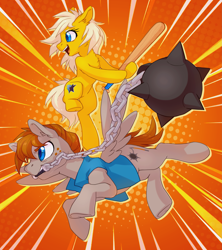 Size: 3515x3963 | Tagged: safe, artist:lightning-stars, oc, oc only, oc:lightning star, earth pony, pegasus, pony, baseball bat, chains, clothes, flail, freckles, shooting star, vest, weapon