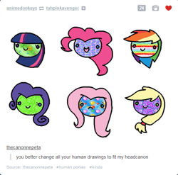 Size: 539x532 | Tagged: safe, artist:thecanonnepeta, derpibooru import, applejack, fluttershy, pinkie pie, rainbow dash, rarity, twilight sparkle, headcanon, humanized, kaleidoscope skin, mane six, parody