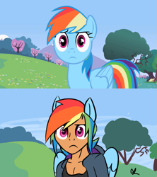 Size: 843x948 | Tagged: safe, artist:pandaamanda11, derpibooru import, screencap, rainbow dash, human, eared humanization, humanized, moderate dark skin, redraw, scene interpretation, solo, winged humanization