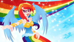 Size: 1920x1080 | Tagged: safe, artist:rariedash, rainbow dash, human, armpits, clothes, dress, female, humanized, light skin, lineless, open mouth, solo, teeth, winged humanization, wings