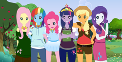 Size: 3916x2000 | Tagged: safe, artist:sergiosource, derpibooru import, applejack, fluttershy, pinkie pie, rainbow dash, rarity, twilight sparkle, big crown thingy, humanized, mane six, pony coloring