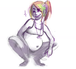 Size: 1280x1163 | Tagged: safe, artist:glasmond, derpibooru import, rainbow dash, human, belly button, grin, humanized, pregnant, sassy, solo, squatting