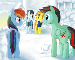 Size: 1753x1400 | Tagged: safe, artist:rendelline, rainbow dash, soarin', spitfire, oc, oc:ray blaze, pegasus, pony, fanfic, fanfic art, female, male, shipping, soarinfire, straight