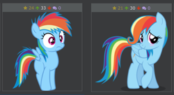 Size: 1258x684 | Tagged: safe, derpibooru import, rainbow dash, pegasus, pony, newbie dash, care mare, derpibooru, exploitable meme, filly, juxtaposition, juxtaposition win, meme, meta, surprised