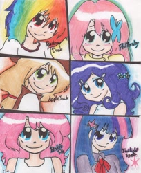 Size: 2345x2867 | Tagged: safe, artist:f10r3ll4, derpibooru import, applejack, fluttershy, pinkie pie, rainbow dash, rarity, twilight sparkle, humanized, mane six, traditional art