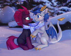 Size: 1732x1374 | Tagged: safe, artist:lightning-stars, fizzlepop berrytwist, tempest shadow, oc, dragon, pony, unicorn, blushing, canon x oc, clothes, commission, female, male, oc dragon, pale belly, rcf community, scarf, shared clothing, shared scarf, shipping, snow, snowfall, straight, together, winter, ych result