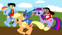 Size: 1933x1104 | Tagged: safe, artist:majkashinoda626, derpibooru import, applejack, rainbow dash, twilight sparkle, earth pony, pegasus, pony, american dragon jake long, crossover, jake long, lilo and stitch, lilo pelekai, race, racing, ride, rider, riding, stitch