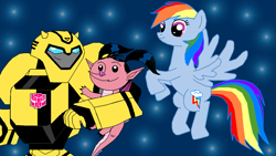 Size: 1251x704 | Tagged: safe, artist:majkashinoda626, derpibooru import, rainbow dash, pegasus, pony, american dragon jake long, bumblebee, crossover, haley long, transformers