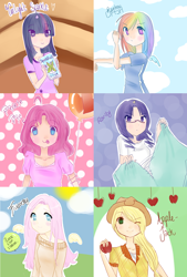 Size: 1398x2072 | Tagged: safe, artist:tsukikox, derpibooru import, applejack, fluttershy, pinkie pie, rainbow dash, rarity, twilight sparkle, horned humanization, humanized, mane six, winged humanization