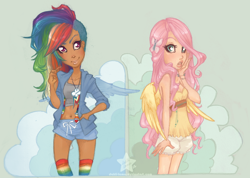 Size: 1152x820 | Tagged: safe, artist:dahli-lama, fluttershy, rainbow dash, human, belly button, clothes, dark skin, humanized, light skin, midriff, shorts