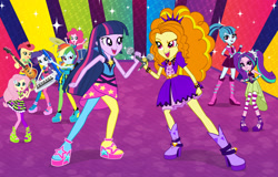 Size: 2550x1630 | Tagged: safe, derpibooru import, adagio dazzle, applejack, aria blaze, fluttershy, pinkie pie, rainbow dash, rarity, sonata dusk, twilight sparkle, equestria girls, rainbow rocks, bass guitar, cropped, drums, guitar, keytar, looking at you, mane six, microphone, musical instrument, poster, tambourine, the dazzlings