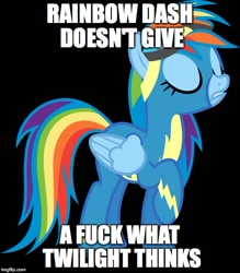 Size: 500x571 | Tagged: safe, artist:noobiestbrony, derpibooru import, rainbow dash, pegasus, pony, black background, eyes closed, frown, gritted teeth, image macro, meme, mouthpiece, no fucks, raised hoof, simple background, solo, vulgar, wonderbolts uniform