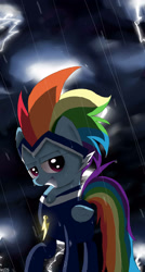 Size: 1512x2812 | Tagged: safe, artist:misspolycysticovary, rainbow dash, zapp, pegasus, pony, power ponies (episode), backlighting, power ponies, rain, solo