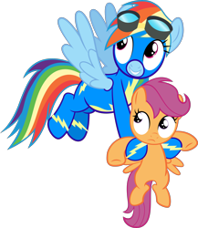 Size: 3260x3754 | Tagged: safe, artist:spellboundcanvas, derpibooru import, rainbow dash, scootaloo, pegasus, pony, newbie dash, carrying, duo, flying, holding a pony, simple background, transparent background, vector, wonderbolts uniform