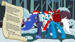 Size: 1280x720 | Tagged: safe, artist:somashield, pipsqueak, princess luna, oc, oc:soma, alicorn, earth pony, pony, unicorn, christmas, cutie mark, digital art, female, foal, hat, holiday, horn, male, mare, paper, santa hat, santa sack, snow, stallion, tree, wings