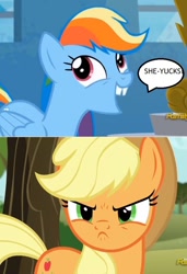 Size: 614x900 | Tagged: safe, derpibooru import, edit, edited screencap, screencap, applejack, rainbow dash, earth pony, pegasus, pony, newbie dash, no second prances, angry, applejack is not amused, bucktooth, derp, exploitable meme, forthright filly, i didn't listen, image macro, meme, text, unamused