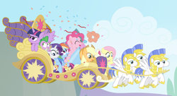 Size: 1650x900 | Tagged: safe, artist:dm29, derpibooru import, applejack, fluttershy, pinkie pie, rainbow dash, rarity, spike, twilight sparkle, twilight sparkle (alicorn), alicorn, dragon, earth pony, pegasus, pony, unicorn, alcohol, chariot, cider, confetti, female, mane seven, mane six, mare, party cannon, royal guard, twilight is not amused, twimobile, unamused