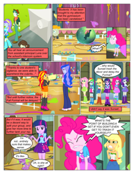 Size: 612x792 | Tagged: safe, artist:greatdinn, artist:newbiespud, edit, edited screencap, screencap, applejack, fluttershy, pinkie pie, princess luna, rainbow dash, rarity, spike, sunset shimmer, twilight sparkle, vice principal luna, dog, collaboration, comic:friendship is dragons, equestria girls, equestria girls (movie), angry, annoyed, clothes, comic, cutie mark, cutie mark on clothes, dialogue, eyes closed, female, gym, hat, humane five, humane six, male, screencap comic, shrug, spike the dog