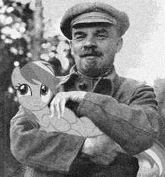 Size: 453x487 | Tagged: safe, derpibooru import, edit, rainbow dash, pegasus, pony, black and white, grayscale, holding a pony, lenin, monochrome, photo, politics in the comments, soviet