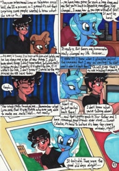 Size: 2068x2978 | Tagged: safe, artist:newyorkx3, part of a series, part of a set, princess luna, oc, oc:tommy, alicorn, human, pony, comic:young days, comic, dialogue, s1 luna, tongue out, traditional art