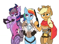 Size: 1024x768 | Tagged: safe, artist:k19041904, derpibooru import, applejack, rainbow dash, twilight sparkle, cyborg, earth pony, pegasus, pony, semi-anthro, amputee, augmented, crossover, cyberpunk, jesse mccree, latin american, mccreejack, overwatch, rainbow tracer, tracer, twilightmaker, voice actor joke, widowmaker