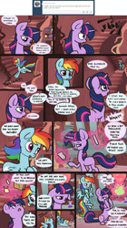 Size: 1200x2145 | Tagged: safe, artist:otterlore, rainbow dash, twilight sparkle, pegasus, pony, ask, comic, glowing horn, golden oaks library, levitation, library, magic, speech bubble, spiderponyrarity, telekinesis, tumblr, vial