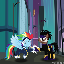 Size: 5000x5000 | Tagged: safe, artist:kodretta, derpibooru import, rainbow dash, zapp, pegasus, pony, absurd resolution, crossover, eyes closed, hoofbump, ponified, power ponies, static shock