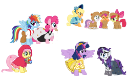 Size: 2685x1591 | Tagged: dead source, safe, artist:schnuffitrunks, derpibooru import, apple bloom, applejack, fluttershy, pinkie pie, rainbow dash, rarity, scootaloo, sweetie belle, twilight sparkle, twilight sparkle (alicorn), alicorn, earth pony, pegasus, pony, unicorn, crossover, cutie mark crusaders, fairy tails, gold, goldilocks and the three bears, hansel and gretel, little red riding hood, mother hulda, pitch