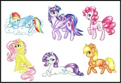 Size: 1024x704 | Tagged: safe, artist:twixyamber, derpibooru import, applejack, fluttershy, pinkie pie, rainbow dash, rarity, twilight sparkle, twilight sparkle (alicorn), alicorn, earth pony, pegasus, pony, unicorn, female, mane six, mare, traditional art