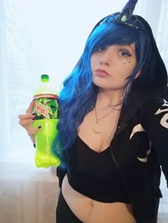 Size: 2448x3264 | Tagged: safe, artist:evescintilla, princess luna, human, bra, breasts, cleavage, clothes, cosplay, costume, crop top bra, curvy, hood, hoodie, irl, irl human, jewelry, mlg, mountain dew, necklace, photo, piercing, underwear