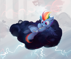 Size: 2300x1900 | Tagged: safe, artist:pfjerk, rainbow dash, pegasus, pony, cloud, cloudy, electrocution, lightning, solo, stormcloud