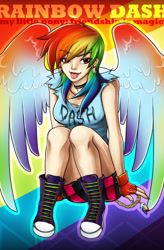 Size: 800x1216 | Tagged: safe, artist:starrywhitewall, rainbow dash, human, clothes, converse, humanized, light skin, nail polish, shoes, solo, tongue out, winged humanization