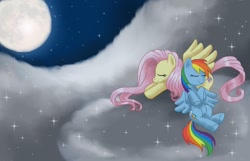 Size: 1174x758 | Tagged: safe, artist:mel-rosey, fluttershy, rainbow dash, pegasus, pony, cloud, cloudy, moon, night, sleeping