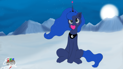 Size: 3265x1837 | Tagged: safe, artist:normgear2, princess luna, alicorn, pony, blushing, cute, heart, looking at you, lunabetes, mouth hold, snow