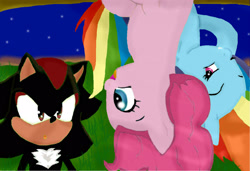 Size: 2478x1693 | Tagged: safe, artist:simsvaleria, derpibooru import, pinkie pie, rainbow dash, earth pony, pegasus, pony, crossover, sega, shadow the hedgehog, sonic the hedgehog (series), upside down, video game