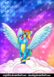 Size: 566x800 | Tagged: safe, artist:clouddg, artist:ezpinkie, derpibooru import, rainbow dash, pegasus, pony, collaboration, newbie dash, clothes, cloud, cute, dashabetes, ear fluff, goggles, solo, spread wings, wonderbolts uniform