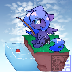 Size: 780x780 | Tagged: safe, artist:thanhvy15599, princess luna, alicorn, pony, animal crossing, chibi, dirt cube, fishing, fishing rod, sky background