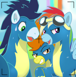 Size: 1024x1042 | Tagged: safe, artist:amago-vaccine, derpibooru import, rainbow dash, soarin', spitfire, pegasus, pony, camera, camera shot, photo, selfie