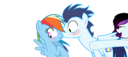 Size: 1024x461 | Tagged: safe, artist:rainbows-in-reality, derpibooru import, rainbow dash, soarin', oc, pegasus, pony, blushing, female, kissing, male, shipper on deck, shipping, soarindash, straight