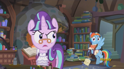 Size: 1478x826 | Tagged: safe, derpibooru import, screencap, rainbow dash, snowfall frost, starlight glimmer, pegasus, pony, a hearth's warming tail, blazer, bowtie, clothes, discovery family logo, ivory shirt, jabot, shirt, snowdash, waistcoat, white shirt