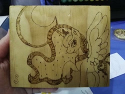 Size: 1280x960 | Tagged: safe, artist:dawn-designs-art, artist:sapphire-burns-art, princess luna, alicorn, pony, moon, photo, pyrography, solo, traditional art, wood