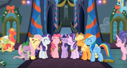 Size: 2519x1353 | Tagged: safe, derpibooru import, screencap, apple bloom, applejack, big macintosh, fluttershy, granny smith, pinkie pie, rainbow dash, rarity, twilight sparkle, twilight sparkle (alicorn), alicorn, earth pony, pegasus, pony, unicorn, a hearth's warming tail, discovery family logo, female, mane six, mare, twilight's castle