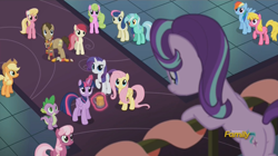 Size: 1478x826 | Tagged: safe, derpibooru import, screencap, applejack, bon bon, cheerilee, cherry berry, daisy, doctor whooves, flower wishes, fluttershy, lily, lily valley, lyra heartstrings, pinkie pie, rainbow dash, rarity, roseluck, starlight glimmer, sweetie drops, twilight sparkle, twilight sparkle (alicorn), alicorn, earth pony, pegasus, pony, unicorn, a hearth's warming tail, discovery family logo, female, mane six, mare, tom baker's scarf